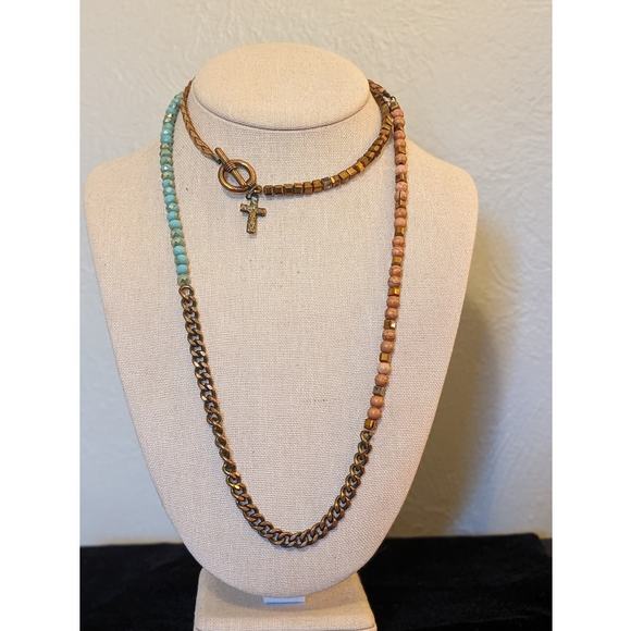 Turquoise Bead, Bronze, Copper, Braided Cord, Toggle Clasp Cross Charm Necklace - Picture 8 of 12